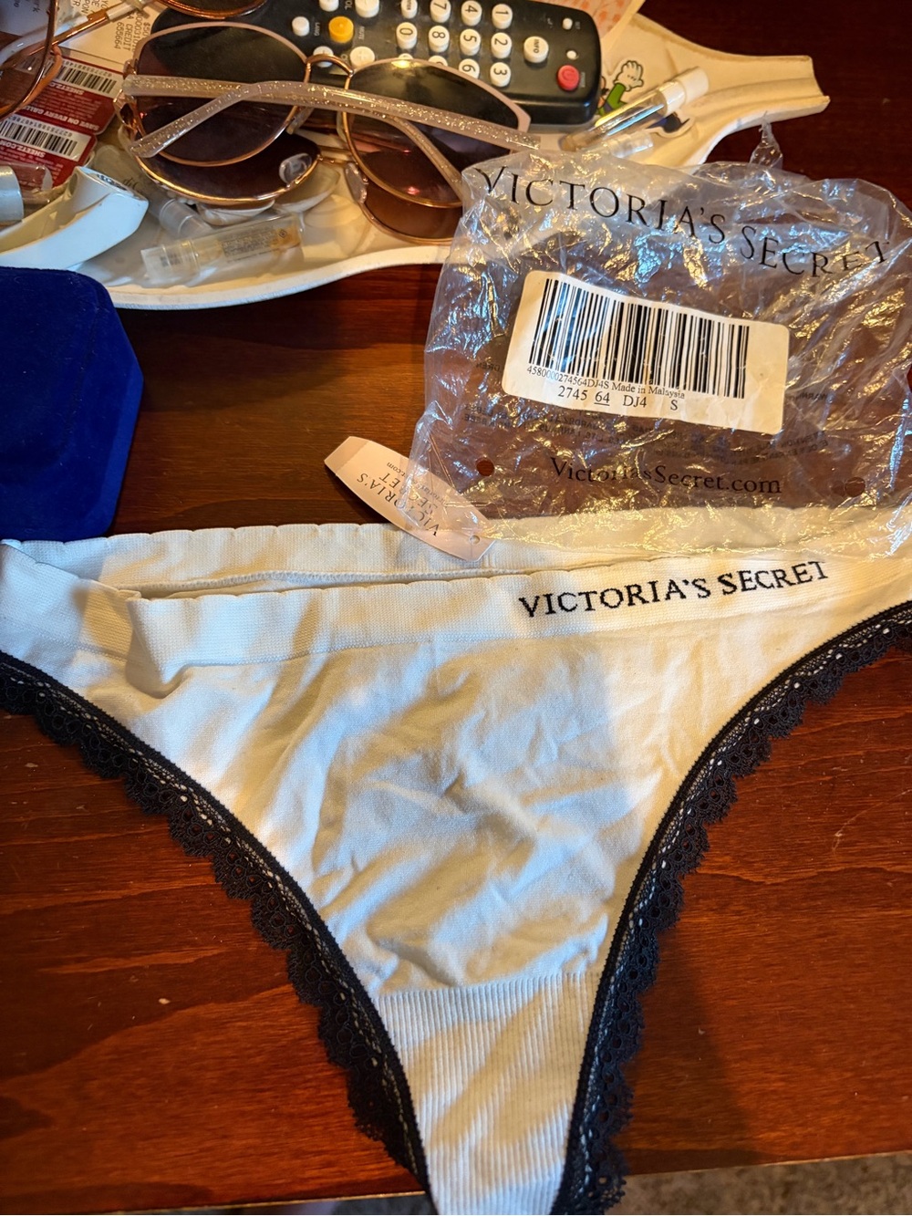 Victoria's Secret White Cotton Thong with Black Lace Trim